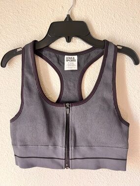 Love & Sports Gray Front-Zip Ribbed Sports Bra